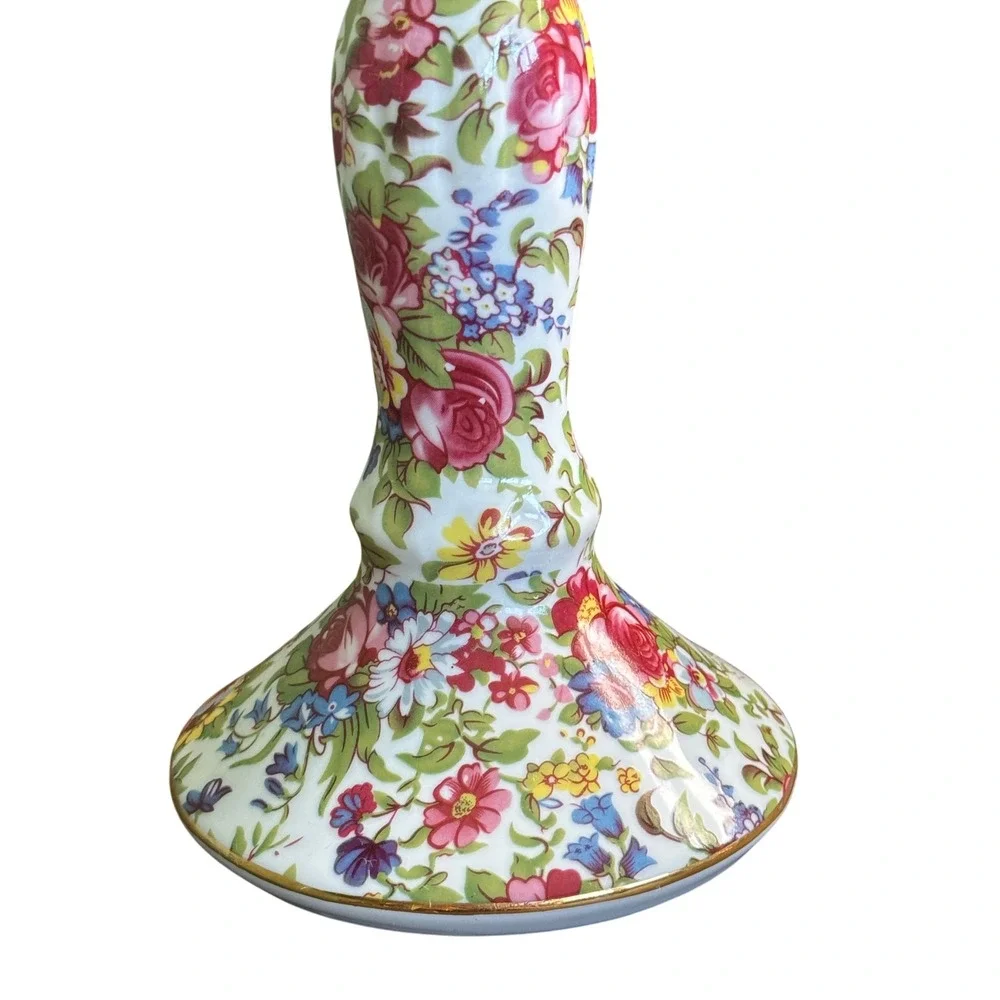 Royal Cotswolds Chintz Candlestick Holder Floral Rose Porcelain‎ Gold Rim 7 Inch